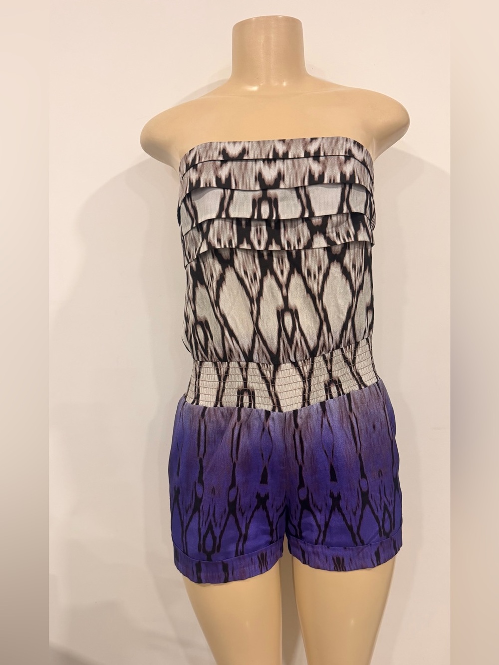 bebe Strapless Printed Romper with Smocked Waist & Open Back